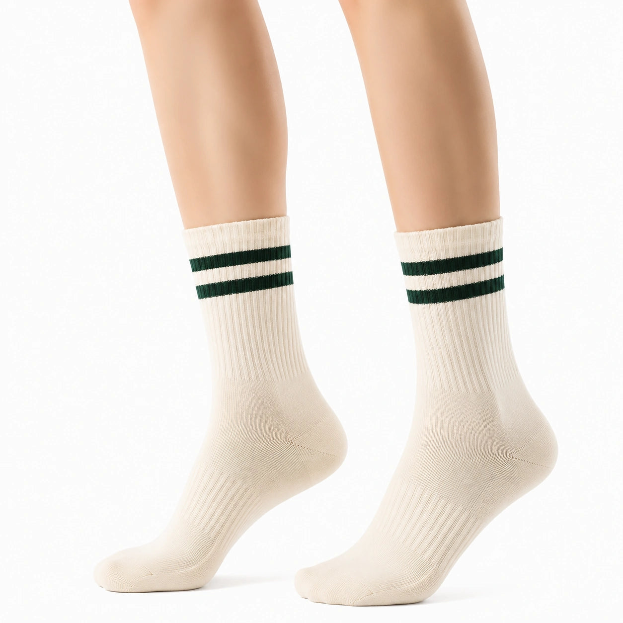 Calze sportive 43-46 in maglia a coste bianco crema e verde scuro
