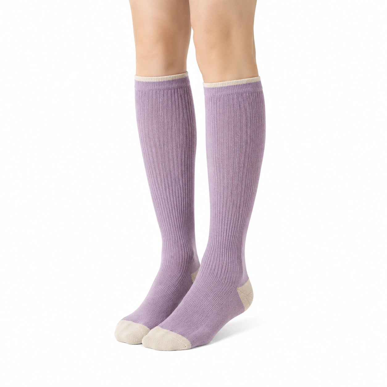 Calze al ginocchio 39-42 in maglia lilla e crema a coste