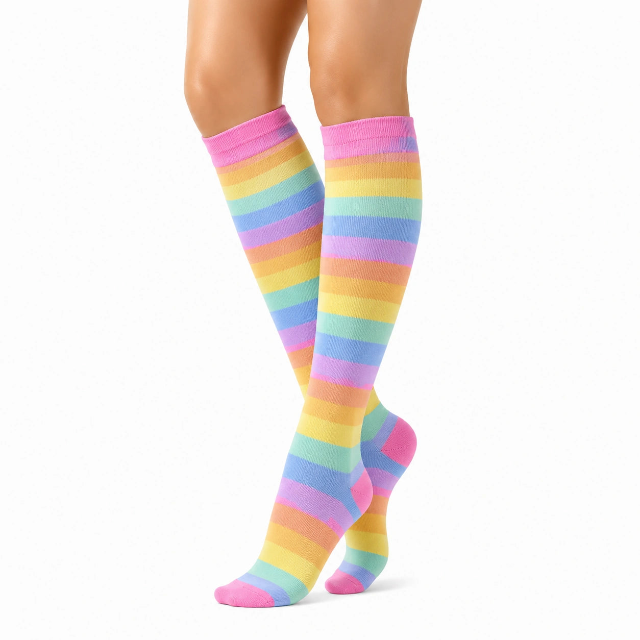 Calze lunghe 39-42 in maglia a righe rosa giallo blu per uso quotidiano stile vivace